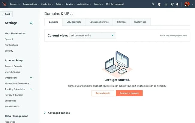hubspot domains and urls settings screen showing options to connect or buy a domain for publishing, customer lifecycle management